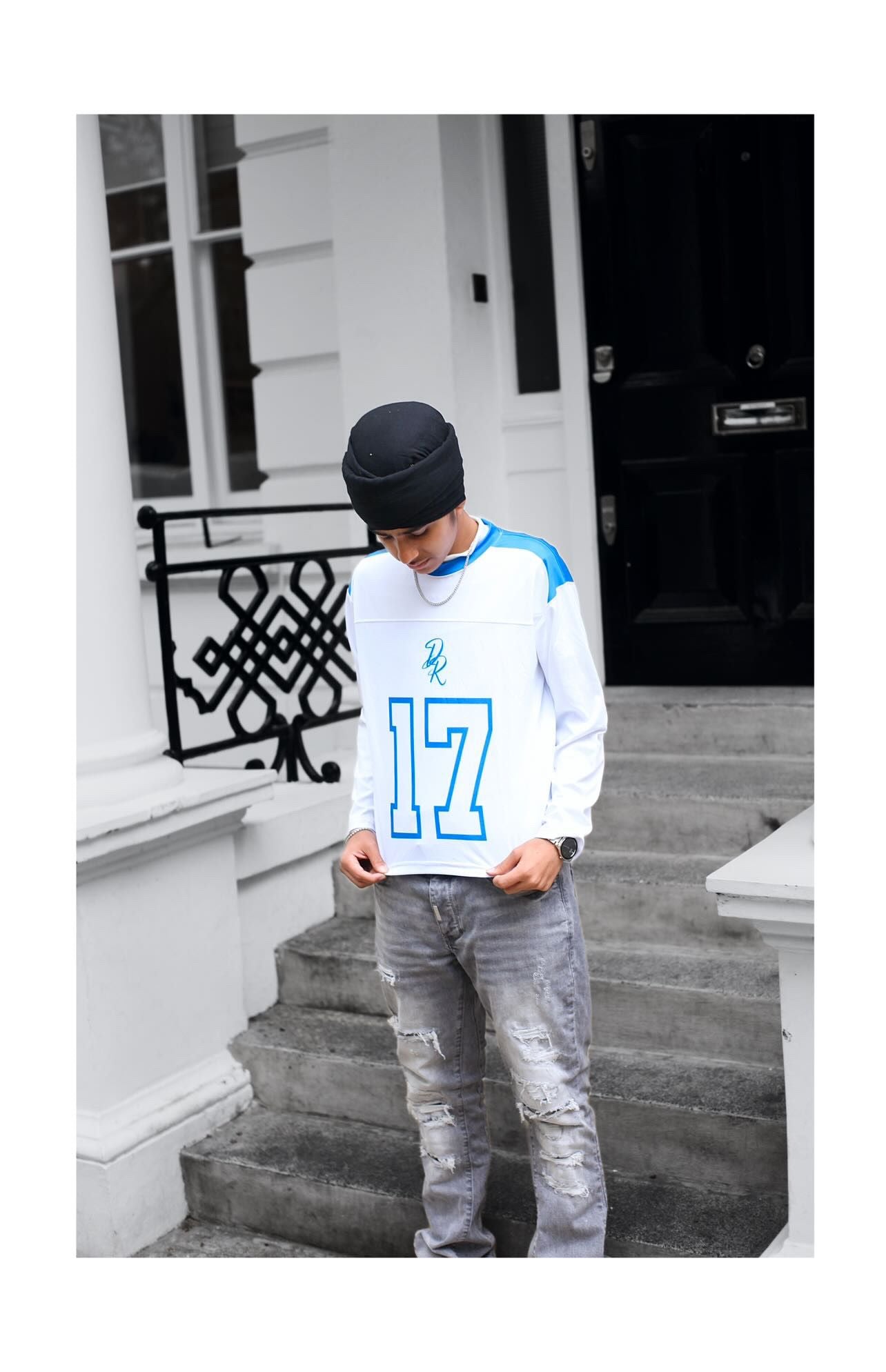 Blue and white jersey